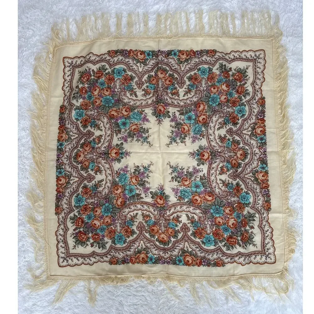 1970s Vintage Floral Hand-Knotted Fringe Shawl Scarf Boho Folk Cotton Wrap